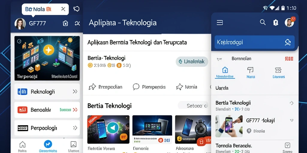 Antarmuka GF777 menampilkan berita teknologi terkini dengan desain menarik.