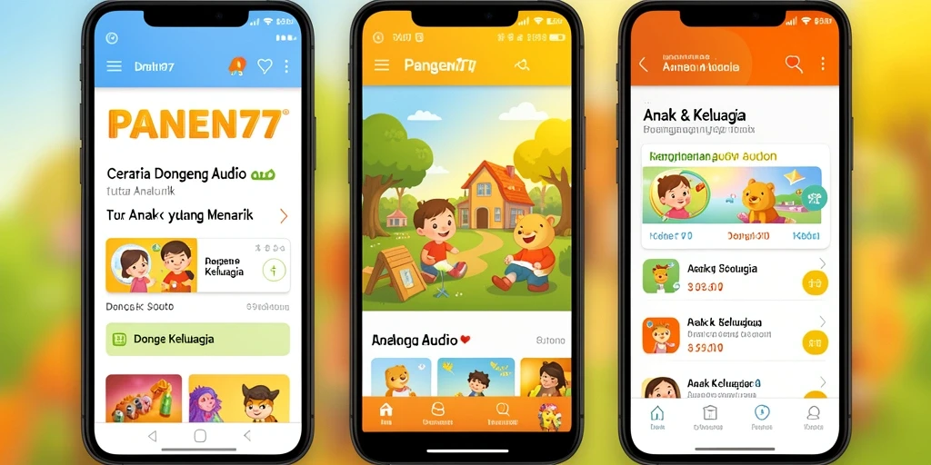 Tampilan antarmuka aplikasi PANEN77 yang ramah anak dengan fungsi dongeng audio.