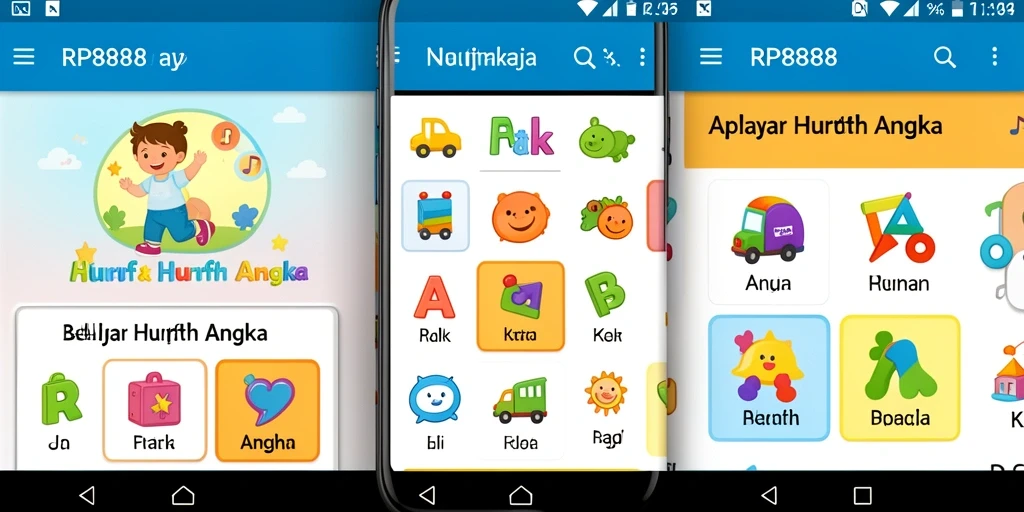 Antarmuka aplikasi RP8888 yang ramah anak untuk belajar huruf dan angka.