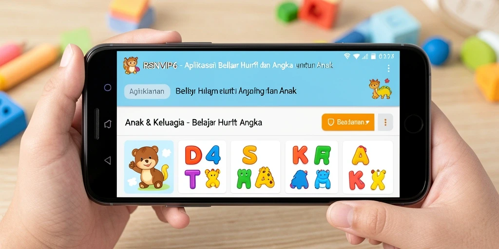Antarmuka aplikasi RSNVIP6 yang menarik untuk belajar huruf dan angka.